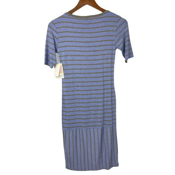 LuLaRoe | NWT Julia Blue & Gray Stripe 1/4 Sleeve Fitted Bodycon T-shirt Dress - Picture 2 of 6